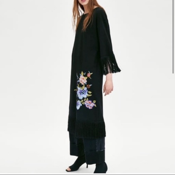 Zara Dresses & Skirts - ZARA EMBROIDERED FRINGED MIDI DRESS - STUNNING!